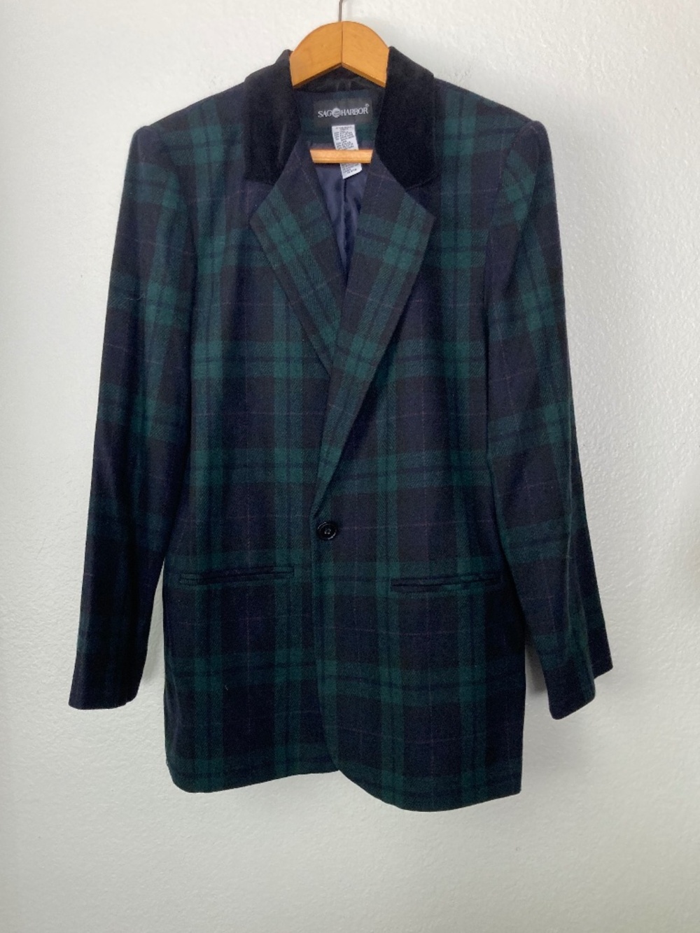 Vtg Sag Harbor Plaid Blazer Jacket Womens 14 Green Wool Blend Heritage Retro